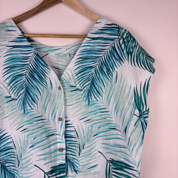 Tahari 100% Linen Teal Blue White Leaf Print Button Back Blouse - Picture 3 of 6